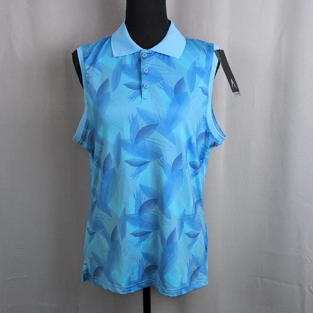 Antigua‎ Sky Blue Leaf Print Sleeveless Blouse New Medium Golfing Hiking
